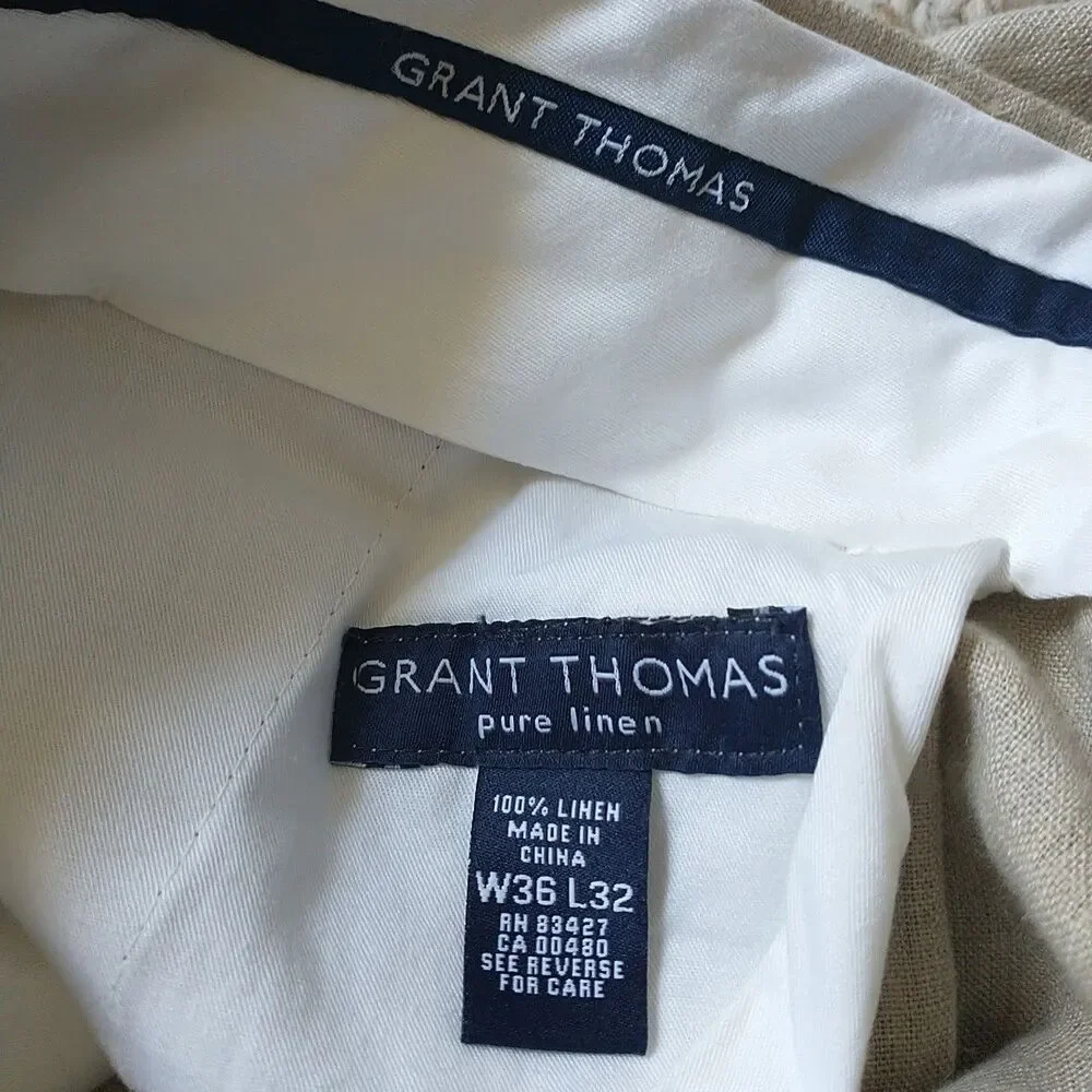 Grant Thomas Pants Trousers Mens 36x32 Beige Linen Slacks Cuffed Pleated